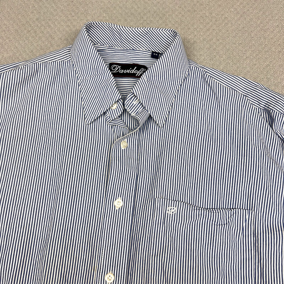 Davidoff Cigars Shirt Mens 44 Blue Striped Cotton Button Down Classic Preppy - Picture 3 of 6